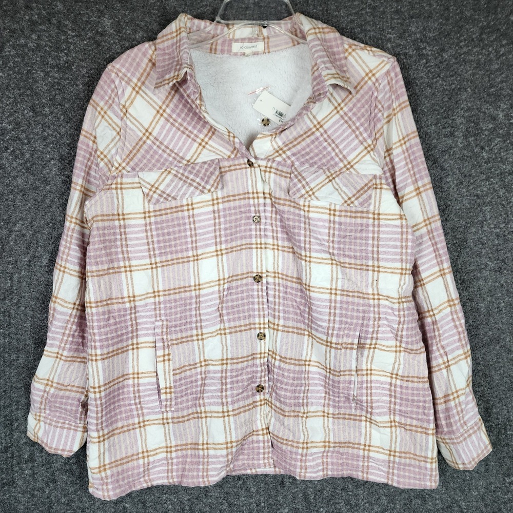 No Comment Shacket Womens L RW321757 Lavender Plaid Faux Fur Lined NEW